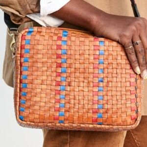 Clare V Marisol Bag In Natural/Navy/Poppy Striped Woven Checker